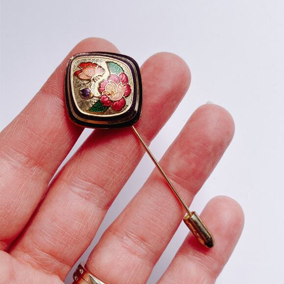VTG 60s Cloisonne Butterfly Floral Stick Pin Enamel Jewelry Gold Tone Brooch - Picture 3 of 11